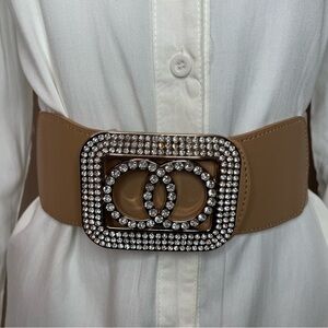 Brown square buckle with rhinestones details elastic waistband belt